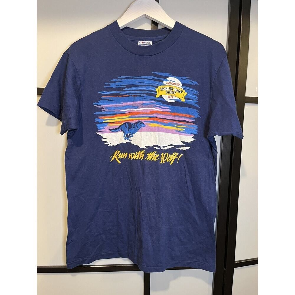 Vtg NORDIK WOLF LIGHT IMPORTED BEER T-Shirt Hanes 50/50 NORDIC 1980s SZ L